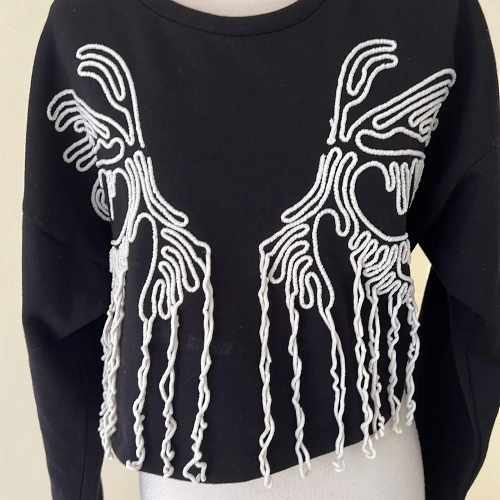 ZARA Size L black yarn fringe crop sweatshirt
